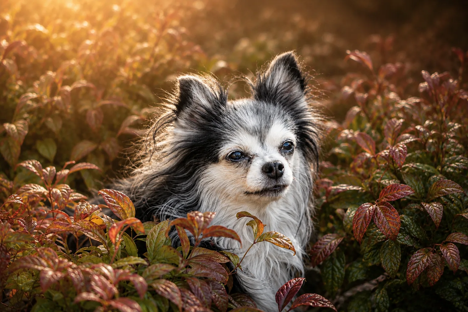 Dromerige hond in herfstbladeren