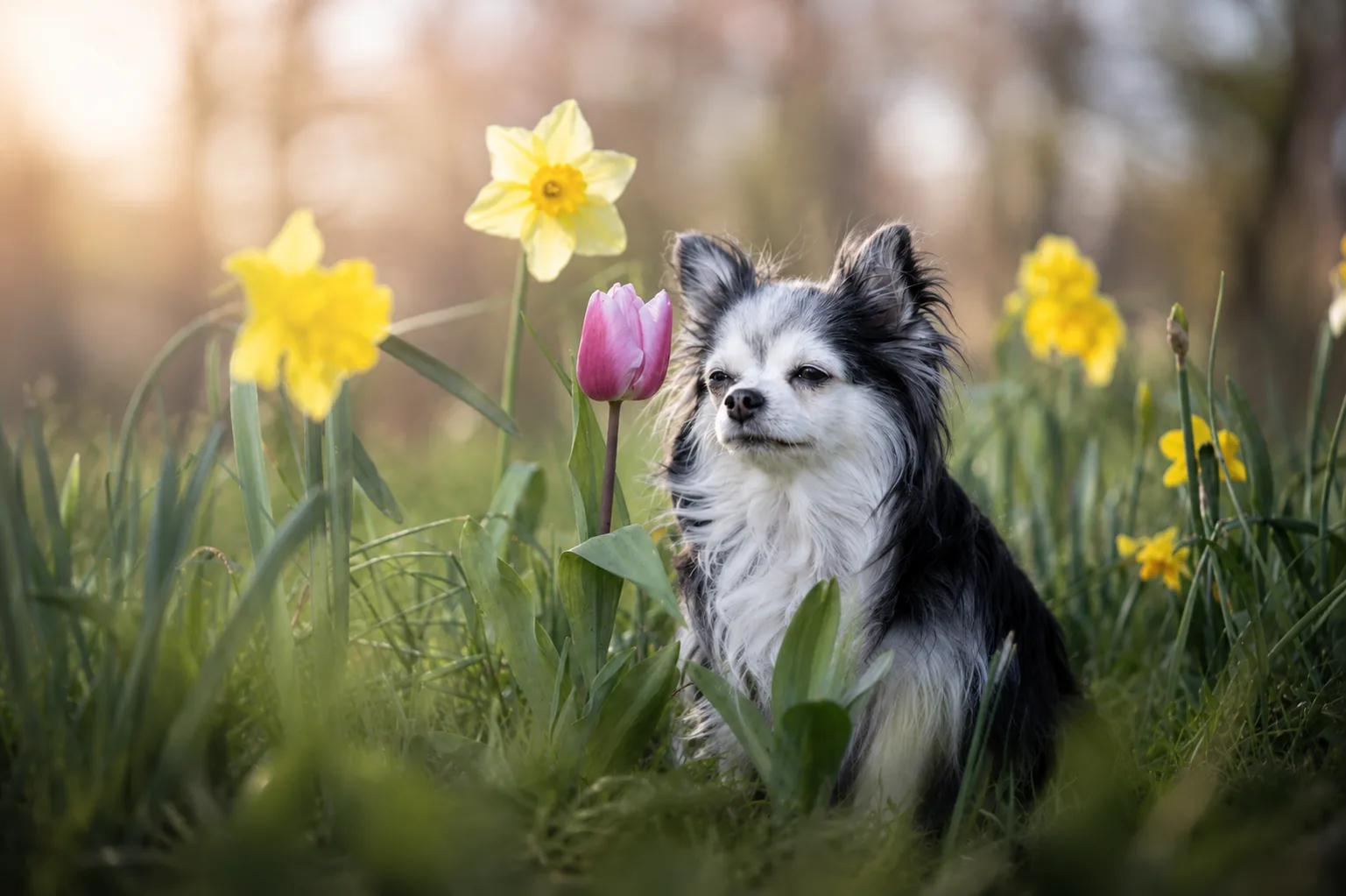 Chihuahua tussen lentebloemen